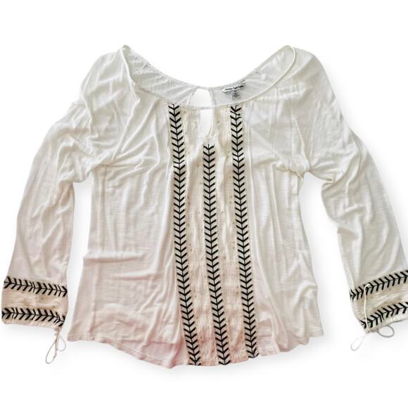 American Eagle Top Womens Medium Embroidered Peasant Keyhole White Long Sleeve - Picture 3 of 11
